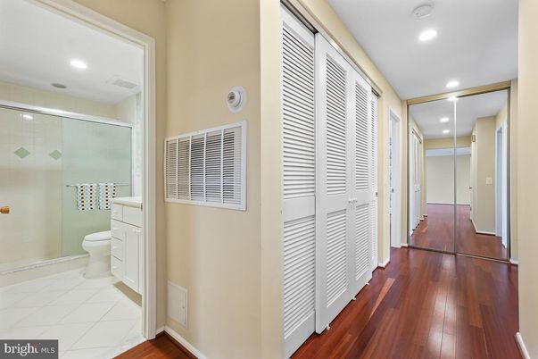 Bathroom, Glass Shower, Interior, Recessed Lighting, Wood Texture Flooring