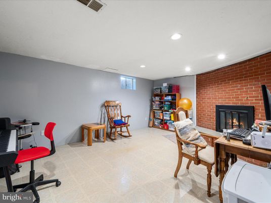 Fireplace, Home Office, Interior, Recessed Lighting, Stone Walls