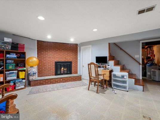 Dining room, Fireplace, Interior, Recessed Lighting, Stone Walls