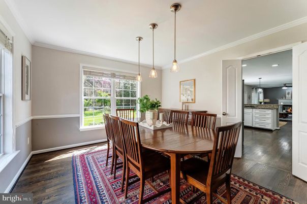 Dining room, Interior, Pendant Lights, Recessed Lighting, Wood Texture Flooring