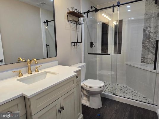Bathroom, Glass Shower, Interior, Recessed Lighting, Wood Texture Flooring