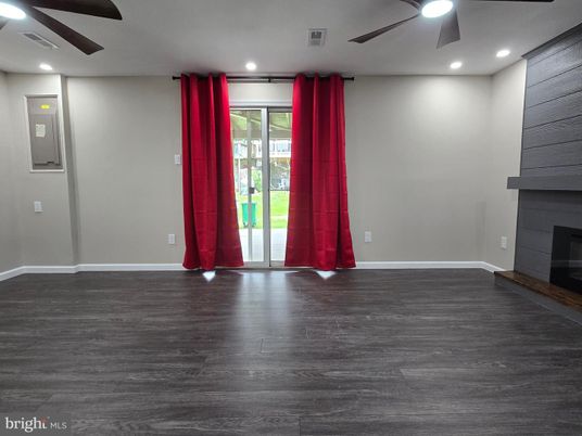 Empty room, Fireplace, Interior, Recessed Lighting, Wood Texture Flooring