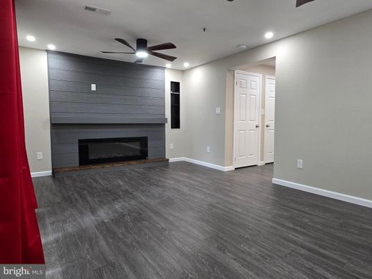 Empty room, Fireplace, Interior, Recessed Lighting, Wood Texture Flooring