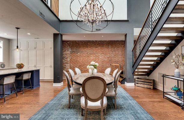 Dining room, Interior, Kitchen, Pendant Lights, Recessed Lighting, Stone Walls, Wood Texture Flooring