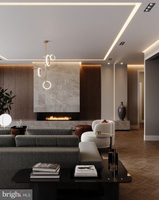 Fireplace, Interior, Living room, Pendant Lights, Recessed Lighting, Wood Texture Flooring