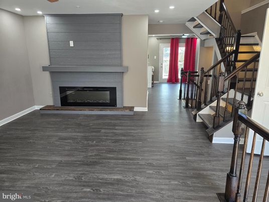 Fireplace, Interior, Recessed Lighting, Wood Texture Flooring