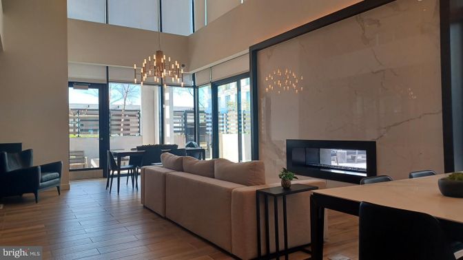 Dining room, Fireplace, Interior, Living room, Marble Walls, Pendant Lights, Wood Texture Flooring