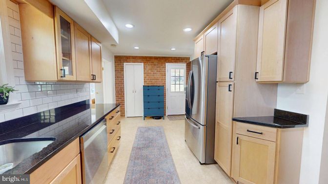 Interior, Kitchen, Recessed Lighting, Stainless Steel Appliances, Stone Walls