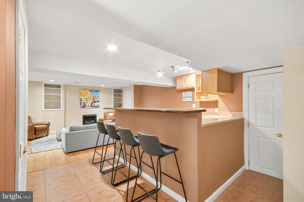 Fireplace, Interior, Kitchen, Living room, Recessed Lighting, Wood Texture Flooring