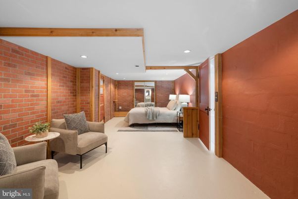 Bedroom, Interior, Recessed Lighting, Stone Walls, Wooden Beams
