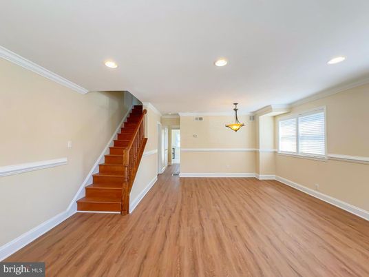 Empty room, Interior, Pendant Lights, Recessed Lighting, Wood Texture Flooring