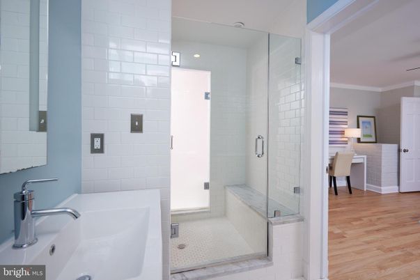 Bathroom, Glass Shower, Interior, Recessed Lighting, Wood Texture Flooring