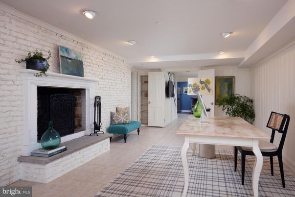 Dining room, Fireplace, Interior, Recessed Lighting, Stone Walls