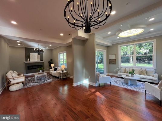 Chandelier, Fireplace, Interior, Living room, Recessed Lighting, Wood Texture Flooring