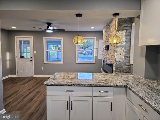Interior, Kitchen, Pendant Lights, Recessed Lighting, Stone Walls, Wood Texture Flooring