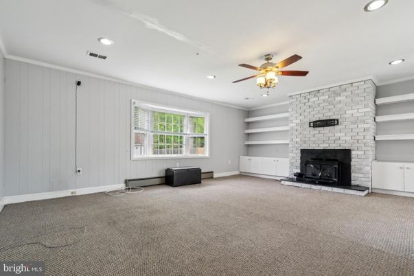 Empty room, Fireplace, Interior, Recessed Lighting, Stone Walls