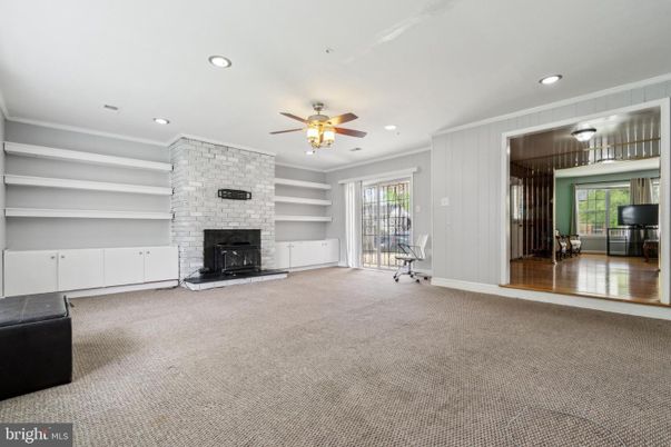 Empty room, Fireplace, Interior, Recessed Lighting, Stone Walls