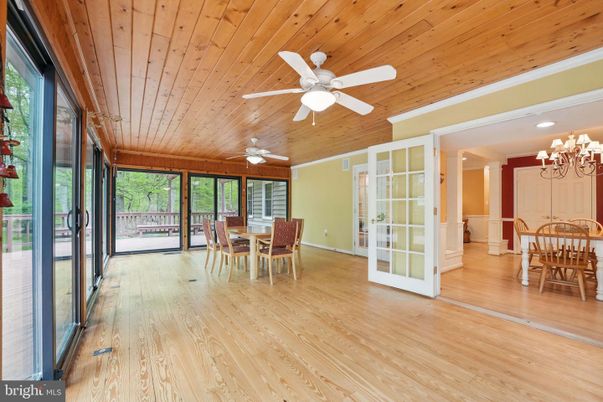 Chandelier, Dining room, Interior, Recessed Lighting, Wooden Ceilings, Wood Texture Flooring