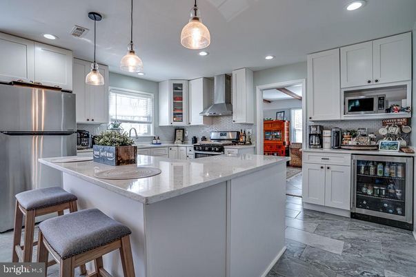 Interior, Kitchen, Marble, Pendant Lights, Recessed Lighting, Stainless Steel Appliances