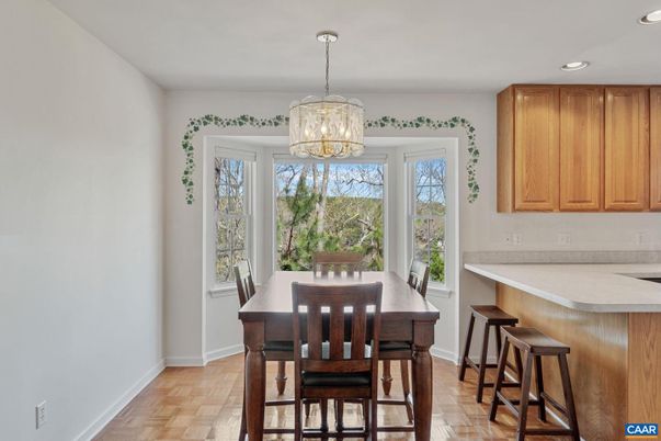 Chandelier, Dining room, Interior, Recessed Lighting, Wood Texture Flooring