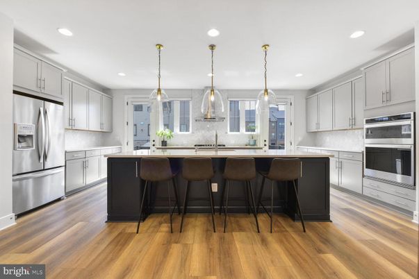 Interior, Kitchen, Pendant Lights, Recessed Lighting, Stainless Steel Appliances, Wood Texture Flooring