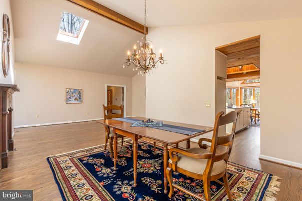 Chandelier, Dining room, Interior, Wooden Beams, Wood Texture Flooring
