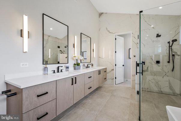 Bathroom, Dual Sink Vanities, Glass Shower, Interior, Marble Walls, Recessed Lighting