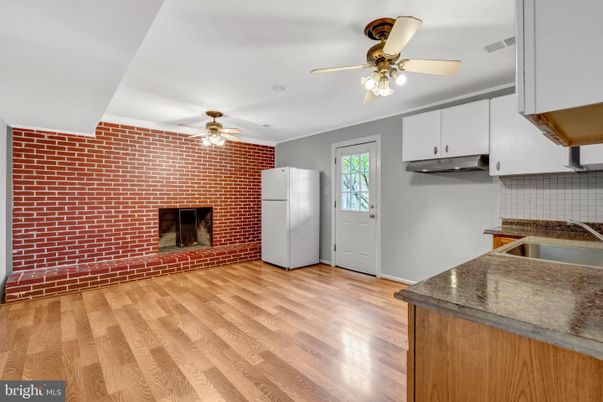 Fireplace, Interior, Kitchen, Stone Walls, Wood Texture Flooring
