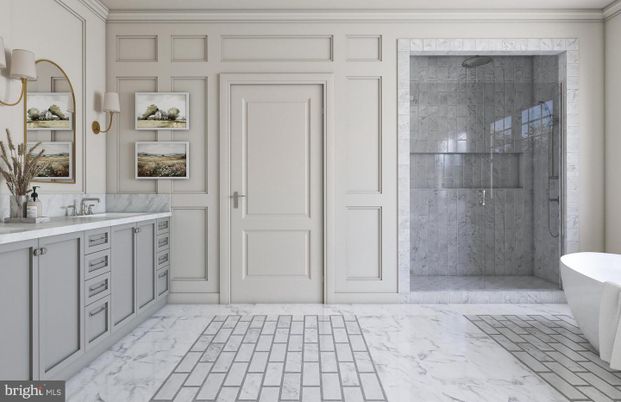 Bathroom, Dual Sink Vanities, Free Standing Baths, Glass Shower, Interior, Marble, Marble Walls