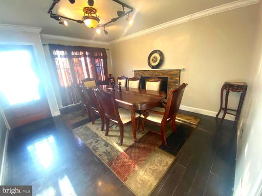 Dining room, Fireplace, Interior, Wood Texture Flooring
