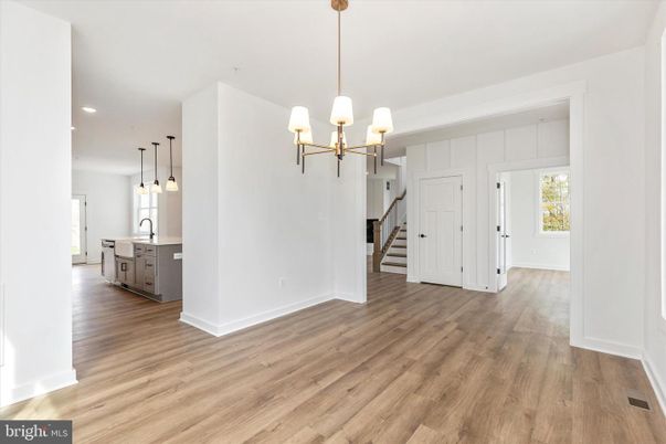 Empty room, Interior, Kitchen, Pendant Lights, Recessed Lighting, Wood Texture Flooring