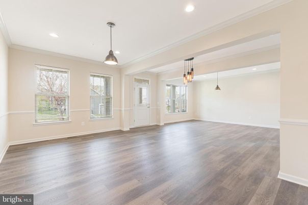 Empty room, Interior, Pendant Lights, Recessed Lighting, Wood Texture Flooring