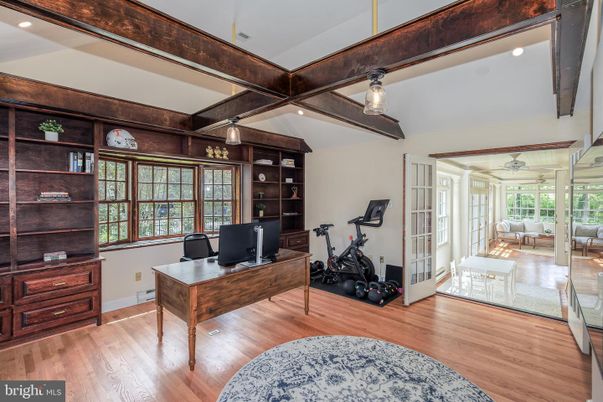 Fitness Equipment, Home Office, Interior, Recessed Lighting, Wooden Beams, Wood Texture Flooring