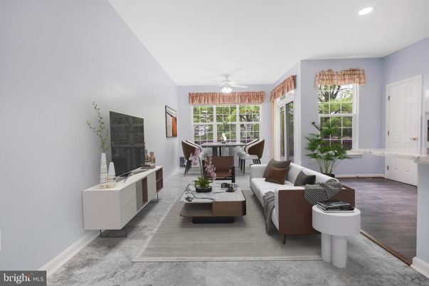 Dining room, Interior, Living room, Recessed Lighting, Wood Texture Flooring