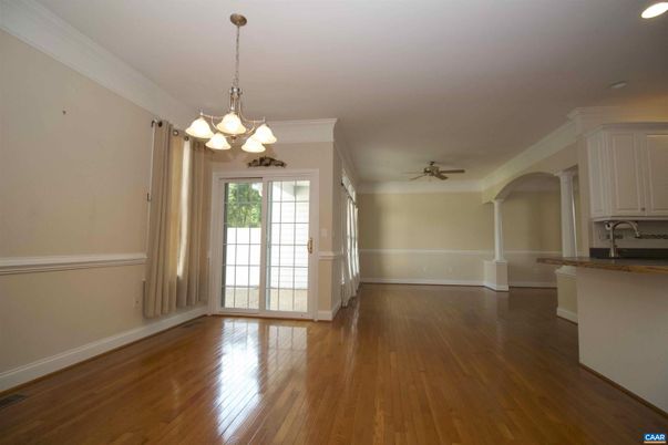 Chandelier, Empty room, Interior, Kitchen, Recessed Lighting, Wood Texture Flooring