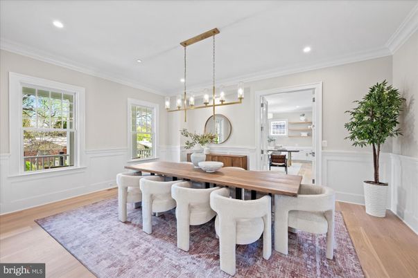 Dining room, Interior, Pendant Lights, Recessed Lighting, Wood Texture Flooring