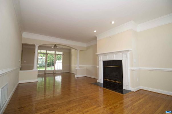 Empty room, Fireplace, Interior, Recessed Lighting, Wood Texture Flooring