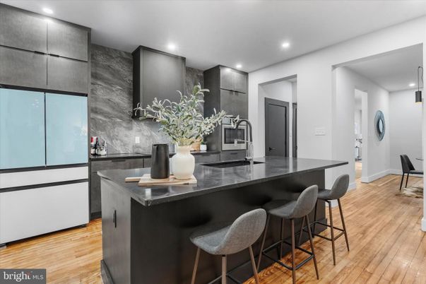 Interior, Kitchen, Marble Walls, Recessed Lighting, Wood Texture Flooring