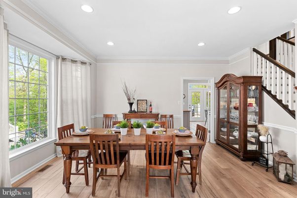 Dining room, Interior, Recessed Lighting, Wood Texture Flooring