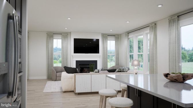 Fireplace, Home Office, Interior, Recessed Lighting, Wood Texture Flooring