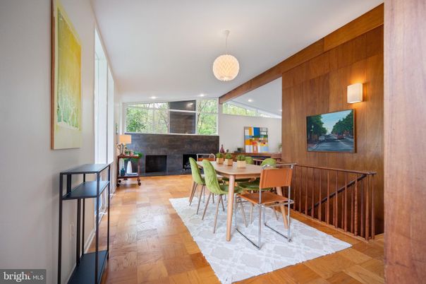 Dining room, Fireplace, Interior, Pendant Lights, Recessed Lighting, Wooden Beams, Wood Texture Flooring, Wooden Walls
