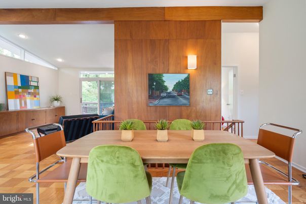 Dining room, Interior, Recessed Lighting, Wooden Beams, Wood Texture Flooring, Wooden Walls