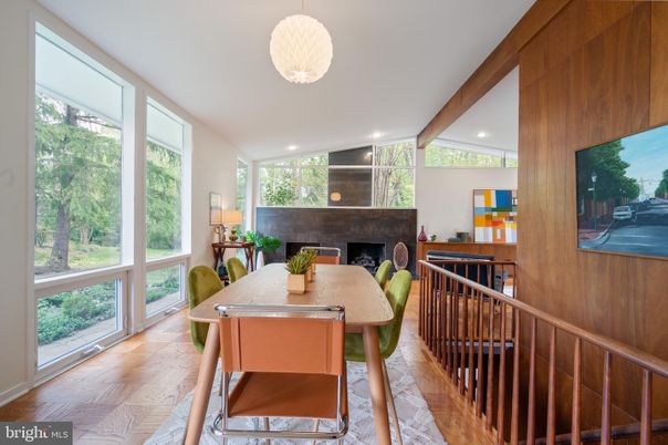 Dining room, Fireplace, Interior, Pendant Lights, Recessed Lighting, Wooden Beams, Wood Texture Flooring