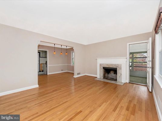 Empty room, Fireplace, Interior, Pendant Lights, Wood Texture Flooring