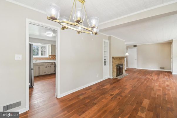 Empty room, Fireplace, Interior, Pendant Lights, Wood Texture Flooring
