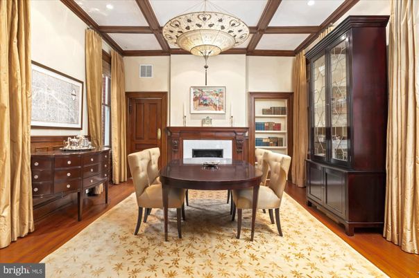 Fireplace, Home Office, Interior, Recessed Lighting, Wooden Beams, Wood Texture Flooring
