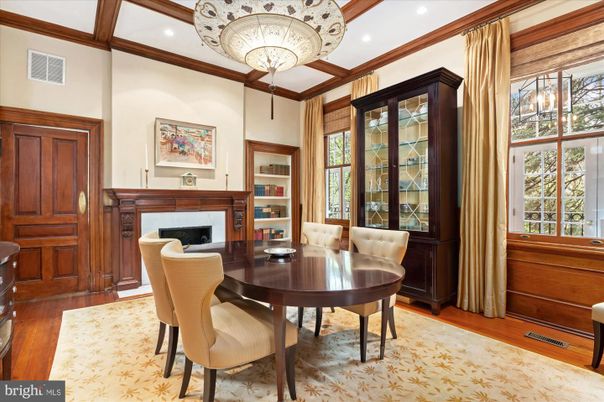 Chandelier, Fireplace, Home Office, Interior, Recessed Lighting, Wood Texture Flooring