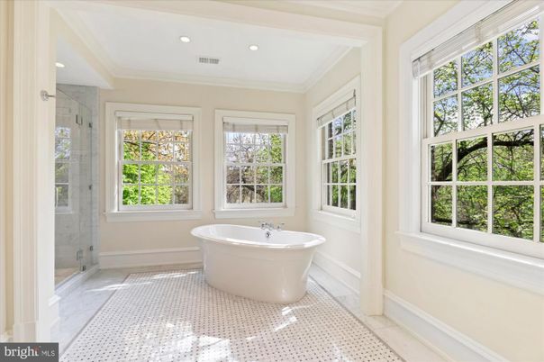 Bathroom, Free Standing Baths, Glass Shower, Interior, Marble Walls, Recessed Lighting