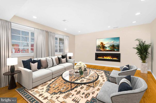 Fireplace, Interior, Living room, Recessed Lighting, Wood Texture Flooring