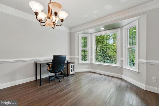 Chandelier, Home Office, Interior, Recessed Lighting, Wood Texture Flooring